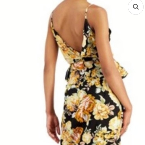 NWT Bardot Floral Ruffled Hi-Lo V-Neck Dress Black and Yellow Faux Wrap Sz 12 L - Picture 3 of 16